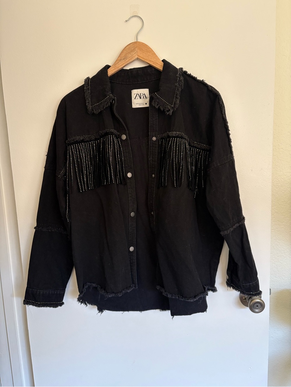 Zara Black Denim Fringe Rhinestone Jacket